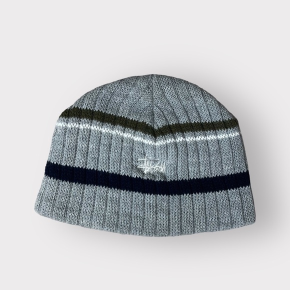 Stussy Accessories - Stussy Embroidred Grey Knit Stripe Beanie